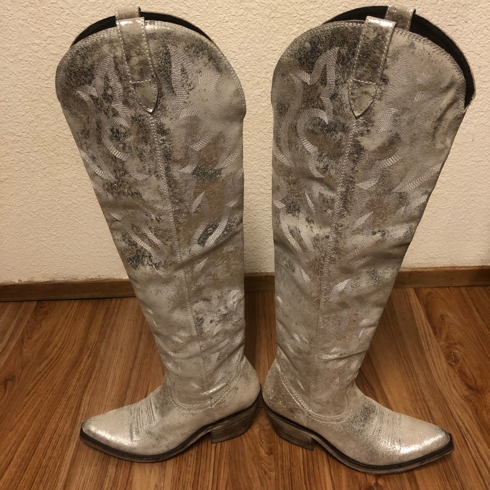 NWOB LIBERTY Black Allysa Metallic Silver Over-the-Knee Boots - Picture 5 of 17